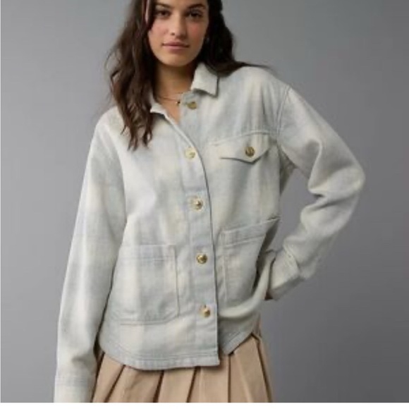 American Eagle Blue Gray Plaid Shacket Size S Cozy Oversized Button Down Jacket - Picture 1 of 7